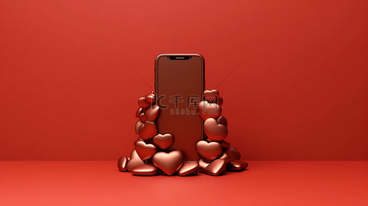 红色背景的 3D 插图，带有青铜智能手机和提供复制空间的心形
