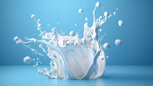 3D 渲染中溅有白色牛奶的蓝色背景