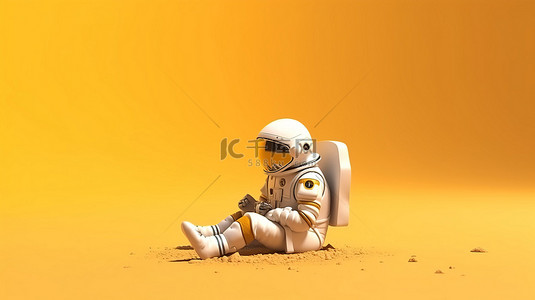 坐在地面上的宇航员在黄色背景下拿着一架小型飞机的 3D 插图