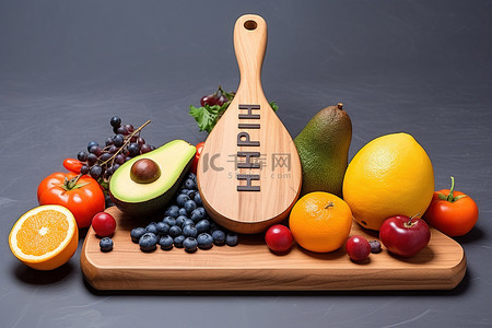 厨房柜台上的木制工具上覆盖着水果