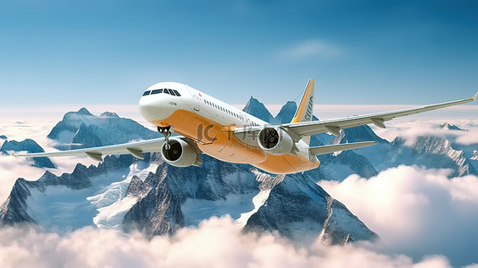 飞机穿越背景图片_穿越云层和山脉 3d 渲染的飞机