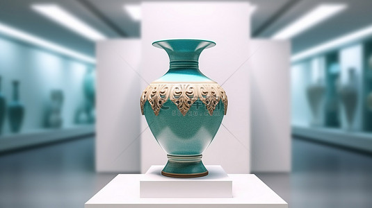 陶瓷工艺背景图片_博物馆或展览展示台上陶瓷花瓶的 3D 插图