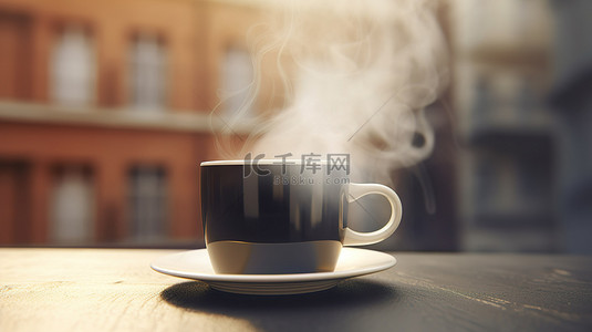 在房屋或办公室模糊背景下冒烟的咖啡杯的 3d 渲染