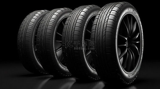 黑色轮毂背景图片_3d 渲染中带黑色轮胎的一排合金轮毂