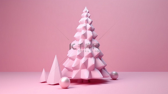 粉红色柔和的简约玩具圣诞树美丽的 3D 再现