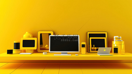 黄色办公桌，配有科技设备计算机笔记本电脑手机和平板电脑 3D 插图