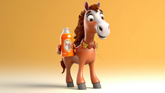 可爱的 3D 小马，带着可乐瓶，有趣的角色设计