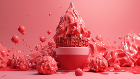 可口草莓背景图片_粉红色背景与红色冰淇淋的 3d 渲染