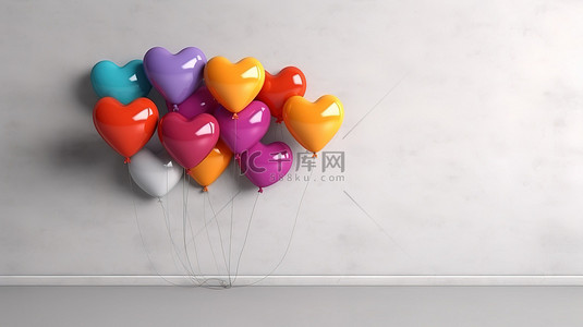 充满活力的心形气球，在白色混凝土背景上进行欢乐的新年庆祝活动 3D 渲染