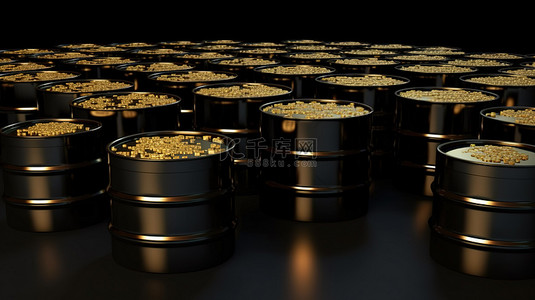 3d 渲染的原油桶中的金币