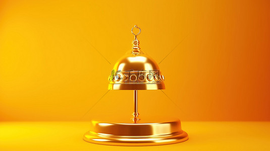 使用 3D 渲染技术创建的充满活力的黄色背景上带有抽象悬挂圆圈的高架金色服务钟