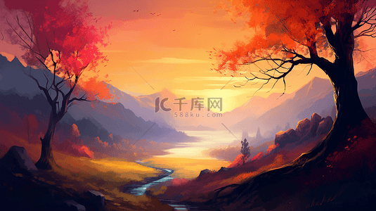 秋天柿子树背景图片_秋天的树自然生态风景装饰插画背景