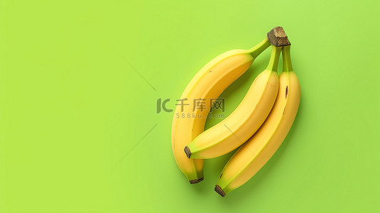 充满活力的黄色和绿色背景上香蕉的顶视图 3D 插图非常适合横幅广告
