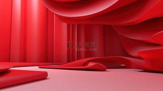 展览室中精美的分层 3D 渲染重叠红色抽象背景