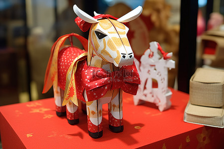 手工制作的纸质动物，装饰有红色织物蝴蝶结和礼物