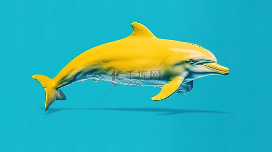 蓝色背景海洋中黄色 tursiops truncatus 海豚的双色调风格 3D 渲染