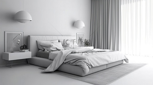 白色卧室的简约 3D 渲染，配有浅灰色布床套件