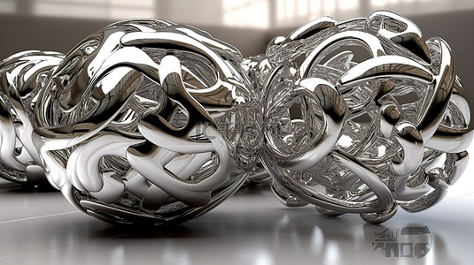 金属球体和扭曲形状的闪闪发光的 3D 渲染，装饰有镀铬雕塑元素