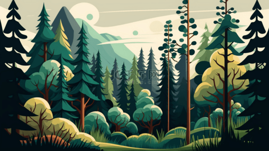 原始森林背景图片_夏季森林卡通平面背景