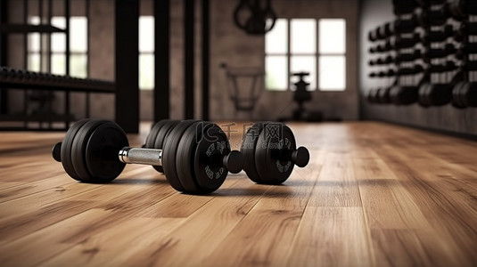 健身室氛围木镶木地板，配有训练设备和 3D 渲染的黑色哑铃