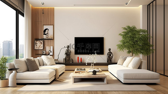 客厅书房背景图片_3D 渲染客厅中的现代沙发