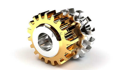机械标志背景图片_纯白色背景下闪亮的金属齿轮标志复杂的 3D 机制