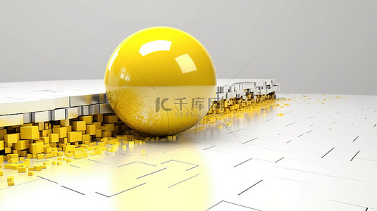 白色背景上抽象黄色数据球的 3D 渲染以及指示数据加载的进度条