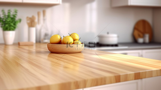 时尚而现代的木质台面，位于模糊的厨房环境中，带有复制空间的 3D 渲染图像