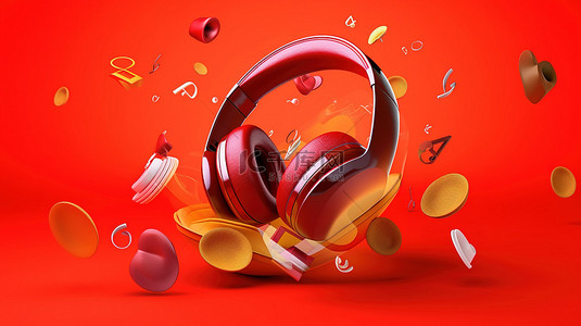 3D 渲染的红色背景上充满活力的红色耳机和彩色帽子，带有音符