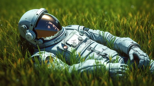 宇航员在绿色的田野中休息 3D 渲染图像