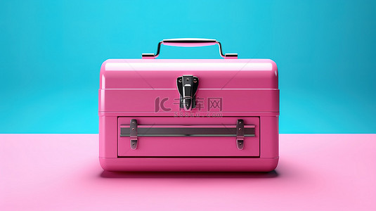 双色调粉色金属工具箱，蓝色背景 3d 呈现经典风格