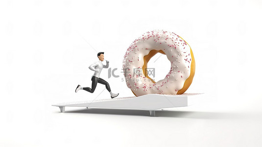 健康与诱惑 跑步机上的跑步者在 3D 插图中伸手去拿甜甜圈