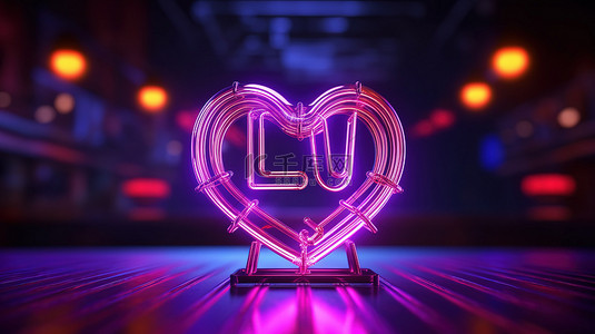 紫色情人节背景 3d 渲染上的霓虹灯爱情标志
