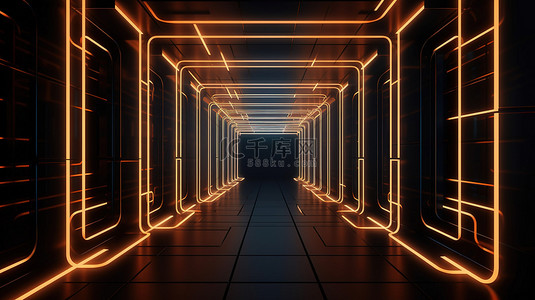 科幻插图抽象几何背景与橙色光在一个空荡荡的黑暗房间