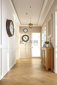 走廊有大木地板白色墙壁和时钟