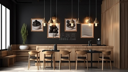室内场景与深棕色木家具和浅色木板条墙 3d 渲染图
