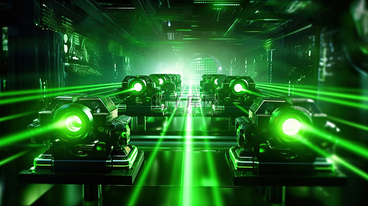 科幻网络背景图片_具有未来绿色激光背景的 3D 渲染游戏概念