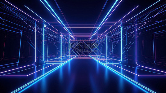 虚拟空间中抽象蓝色霓虹线的照明几何紫外线 3D 渲染