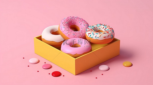 等距场景，以一盒甜甜圈的创意简约 3D 渲染为特色