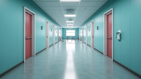 废弃的医院走廊和封闭的房间门，具有逼真的 3D 渲染