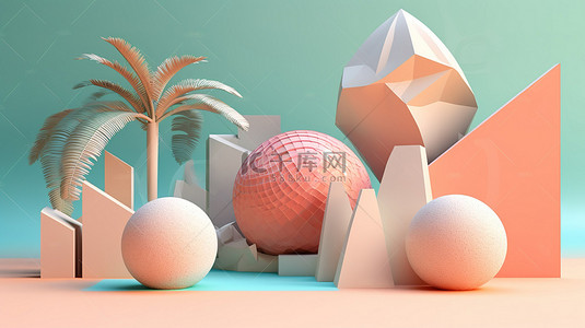 抽象风格夏日海滩的几何 3D 渲染