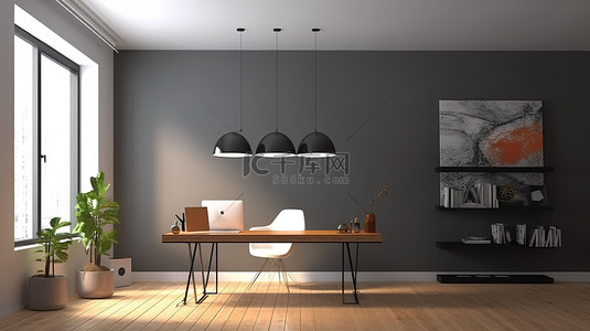简约的办公空间，配有悬挂式 PC 灯灰色墙壁和木地板 3D 渲染