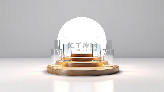 台阶玻璃背景图片_白色背景中带玻璃墙和圆形玻璃的玻璃台阶讲台的 3D 渲染