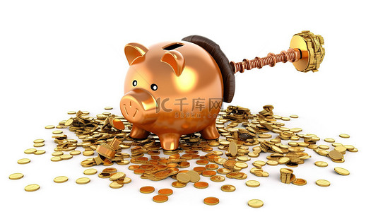 金融锤子背景图片_锤子旁边有裂纹的存钱罐白色背景 3D 渲染
