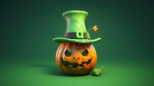 节日 3D 渲染南瓜头戴帽子万圣节绿色背景与 10 月 31 日字体