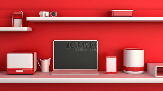 红墙架上的科技三重奏笔记本电脑手机和平板电脑 3D 插图横幅
