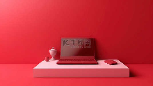 红色办公室场景墙上的笔记本电脑的 3D 插图