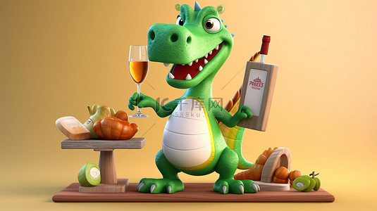 霸王龙可爱背景图片_幽默的 3D 恐龙，带标志和酒瓶托盘