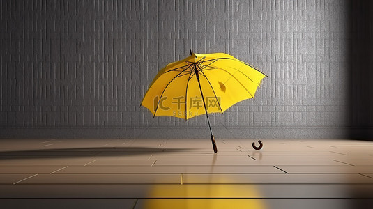 雨季安全背景图片_地板背景上逼真的黄色雨伞的 3D 渲染