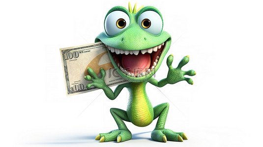滑稽的 3D 蜥蜴漫画，手里拿着标语牌和美元符号